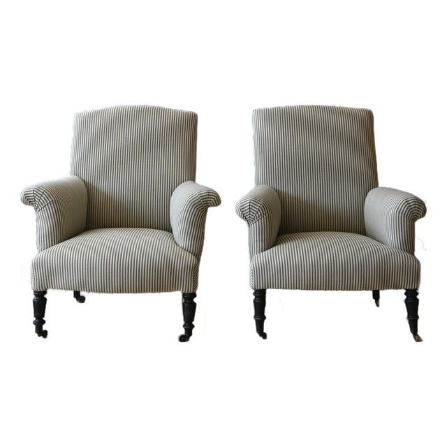 1930's French Upholstered Striped Lounge Chairs For Sale