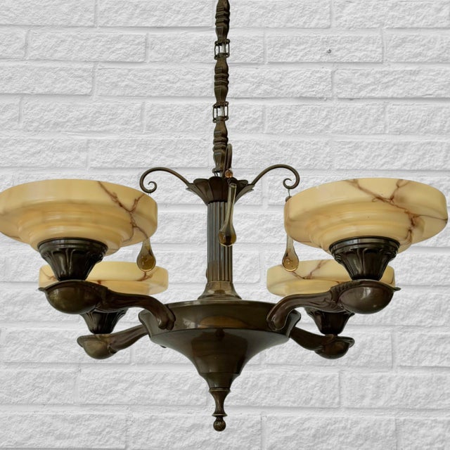 Chandelier in Brass & Glass from Bröderna Malmströms Metallvarufabrik, Sweden, 1930s For Sale - Image 4 of 14