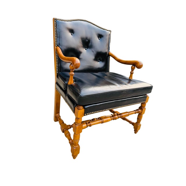 1960s Vintage Barnard & Simonds Black Leather Armchair | 1960s American Traditional | Button-Tufted Leather & Bobbin-Turned Wood For Sale - Image 5 of 18