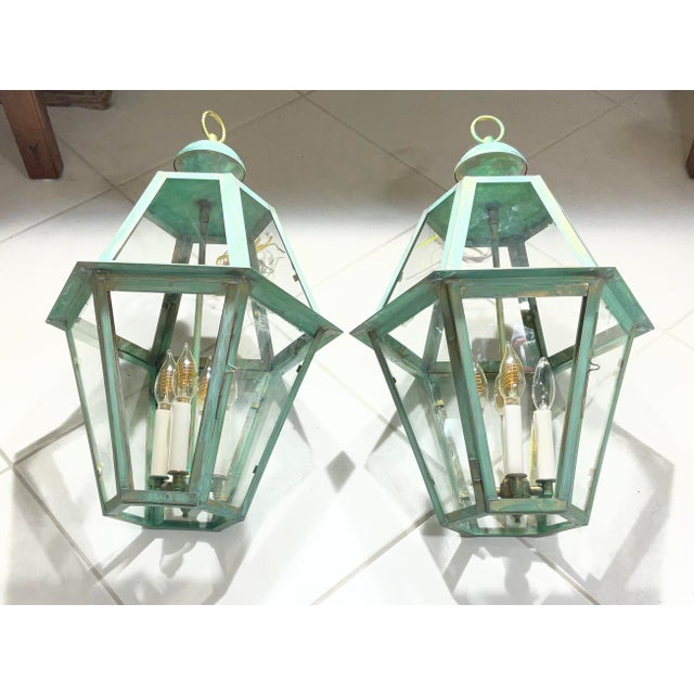 Exquisite Pair of Vintage Solid Brass Hexagonal Hanging Lanterns - 24” X 16” For Sale - Image 9 of 16