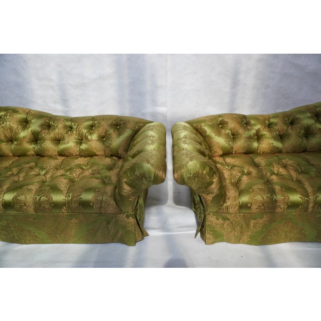Pair of Custom Curved Back Tufted Damask Sofas Includes Additional Silk Velvet Slipcovers For Sale - Image 10 of 18