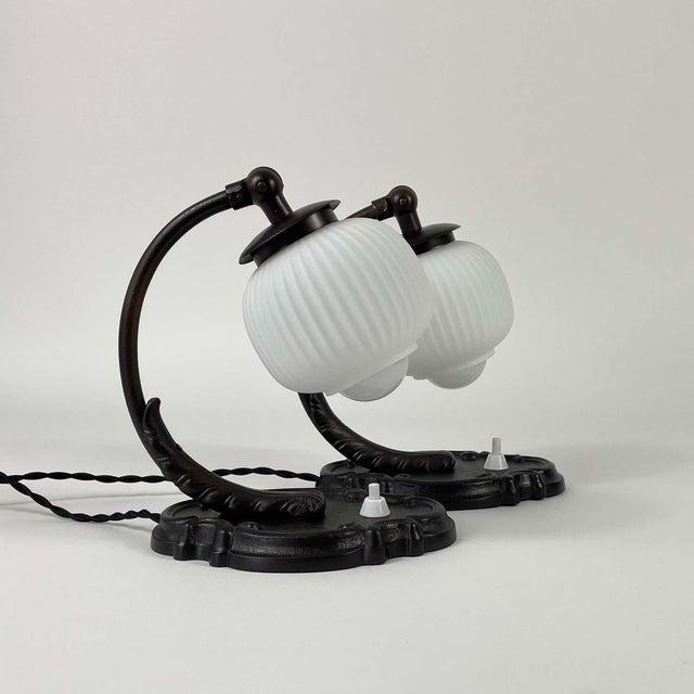 Art Deco Bronzed and Opaline Glass Table Lamps, 1920s, Set of 2 For Sale - Image 3 of 17