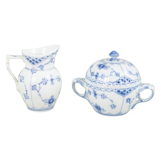 Late 20th Century Blue Fluted Half Lace Creamer and Sugar Bowl from Royal Copenhagen, Set of 2 For Sale - Image 5 of 5