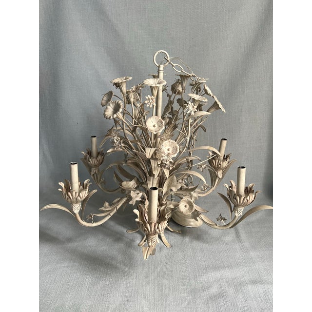 English Antique Gustavian Style 6 Light White Tole Wild Flowers Chandelier For Sale - Image 3 of 12