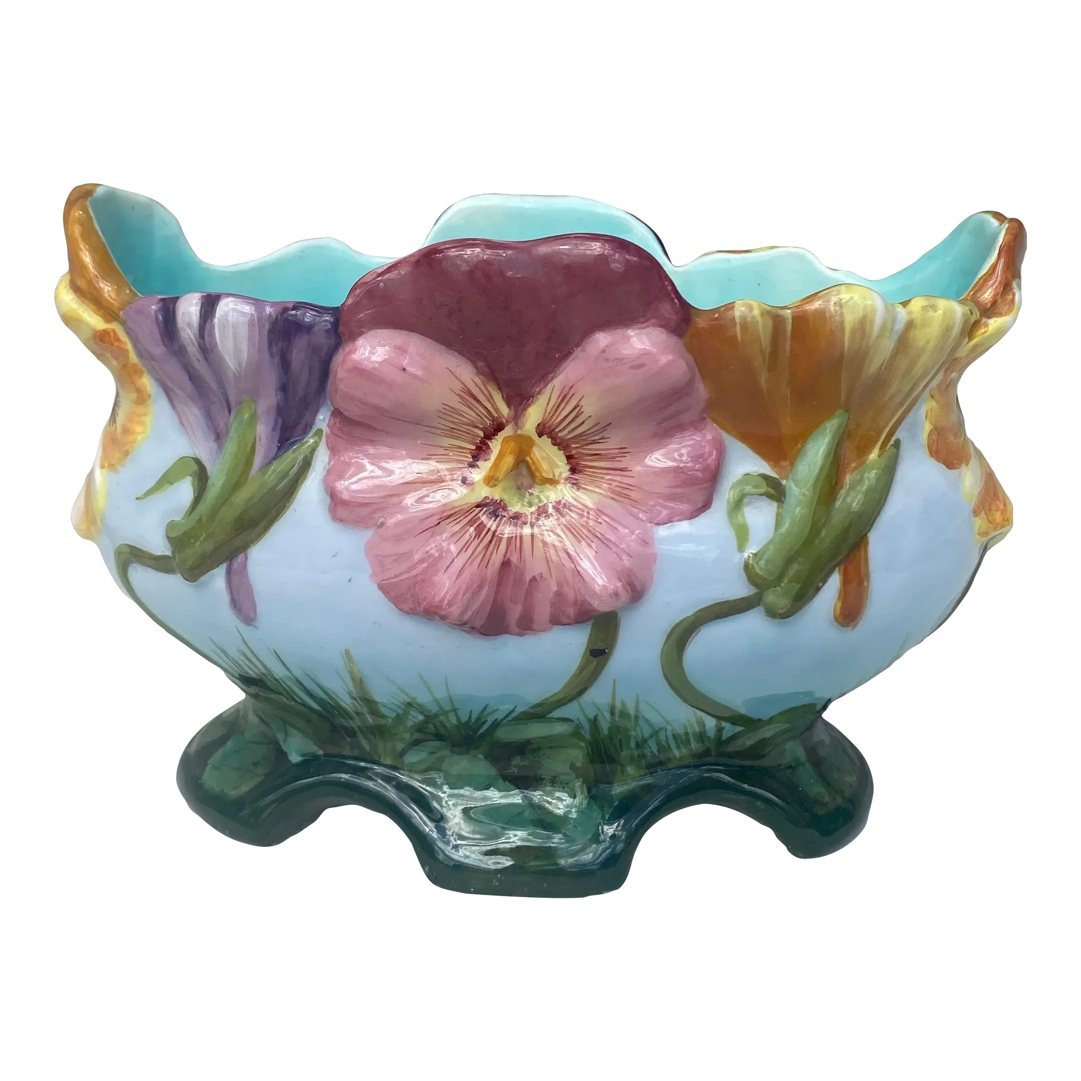 20世紀前半｜フランス｜パピエ・マシェ｜ポルチーニ（2） French Majolica Jardiniere Pansies Delphin Massier, Circa 1890