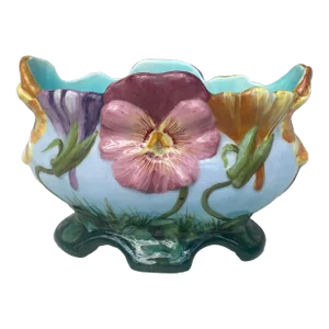 French Majolica Jardiniere Pansies Delphin Massier, Circa 1890