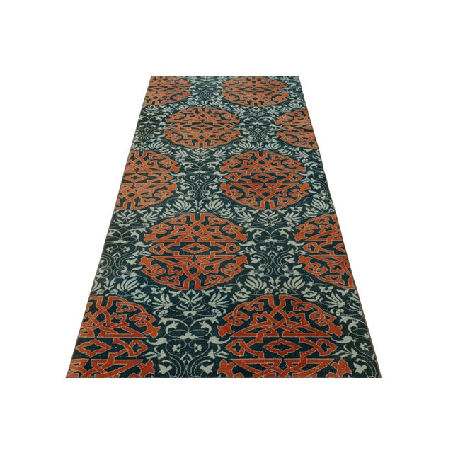 1950s Vintage Hereke Runner Rug in Teal With Orange Arabesque Medallions | Rug & Kilim For Sale - Image 5 of 8