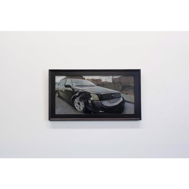 This artwork depicts a weathered black Cadillac parked at an angle, its battered front end suggesting a story of neglect...