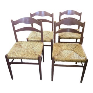 French Country Mid Century Dining Chairs With Rush Seats For Sale