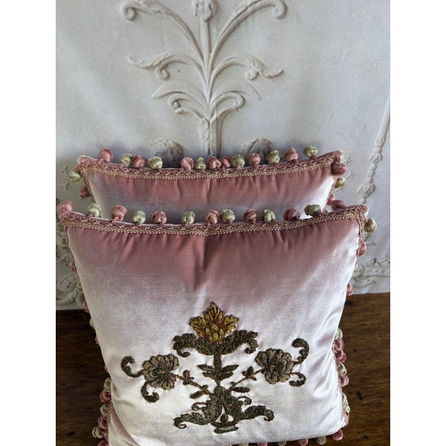 Pair of French Couture Blush Silk Velvet Pillows With 19th Century Appliques' For Sale - Image 12 of 12