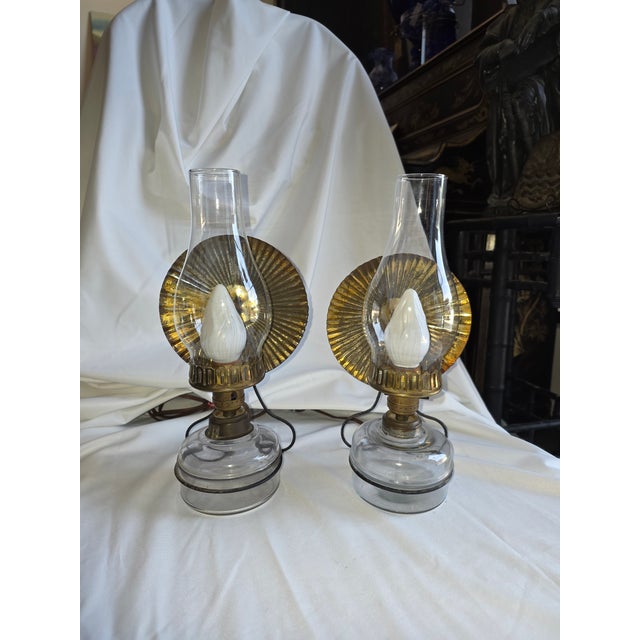 Gold 1900s Primitive Pair of Converted Kerosene Lamps With Tin Reflectors Now Electrofied For Sale - Image 8 of 8