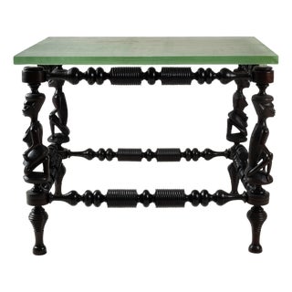 Africanist Style Table in Blackened Pear Wood with Saint-Gobain Glass Top, 1940s For Sale