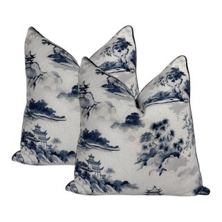 Large Blue & White Chinoiserie Asian Pagoda Garden Accent Pillows (Set of 2) For Sale