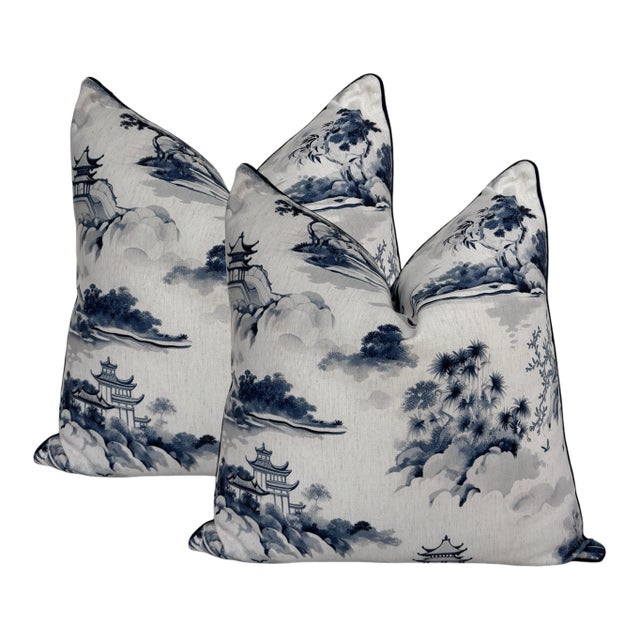 Large Blue & White Chinoiserie Asian Pagoda Garden Accent Pillows (Set of 2) For Sale