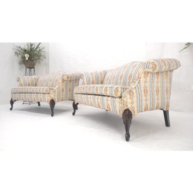 Pair of Camelback Loveseat Blue & White Striped & Floral Upholstery MINT! For Sale - Image 16 of 18