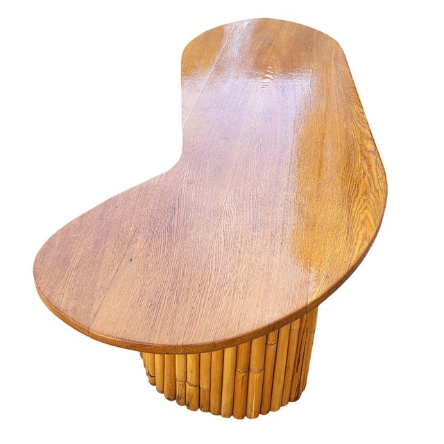 1950s Restored Rare Mid-Century Rattan and Mahogany Asymmetric "J" Coffee Table For Sale - Image 4 of 7