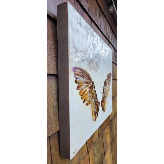 Abstract Flight II by Carrie Goller | Encaustic/Mixed Media on Wood Panel Wings against a light background For Sale - Image 3 of 3