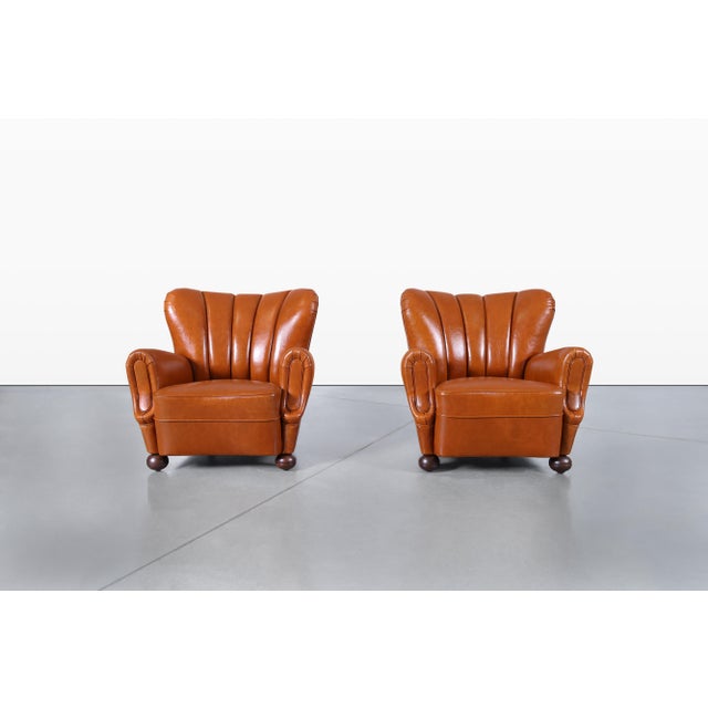 Scandinavian Art Deco Club Lounge Chairs in Cognac Leather, 1940s For Sale - Image 4 of 14