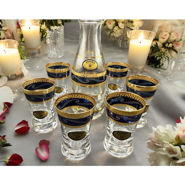 Glass Vintage Vodka Set with Carafe and Six Decorated Glasses, Set of 8 For Sale - Image 7 of 12