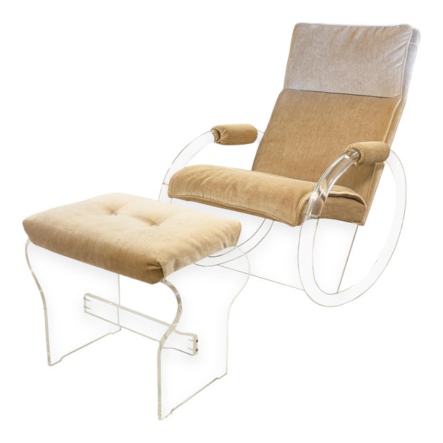 Vintage 1970s Charles Hollis Jones Velvet Lucite Rocking Chair and Ottoman For Sale