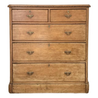 19th Century European Pine Tallboy Chest of Drawers With Brass Hardware & Carved Detail For Sale