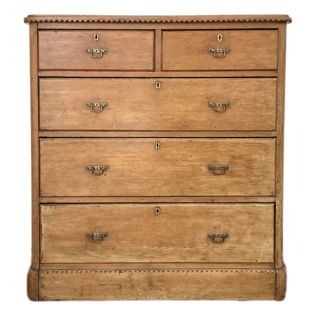 19th Century European Pine Tallboy Chest of Drawers With Brass Hardware & Carved Detail For Sale