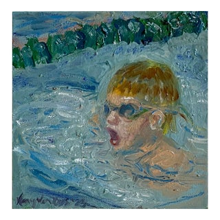 “First Swim Meet”, Expressionist, Figurative, Original Oil Paintings, by Van Ness For Sale