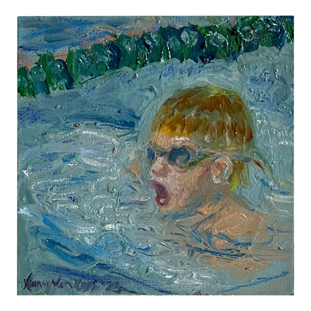 "The Swim Meet" Expressionist, Figurative, Original Oil Paintings, by Van Ness For Sale