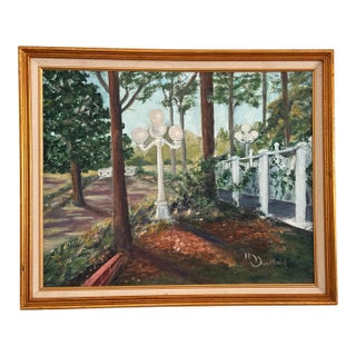 Late 20th Century Original Painting, “Five Globe Lights” by Helen Overfield – Framed Acrylic Landscape For Sale