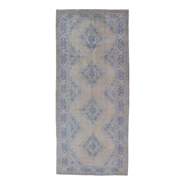 Turkish Oushak Gallery Rug in Muted Blue and Cream With Geometric Design 5'0 X 12'5 For Sale