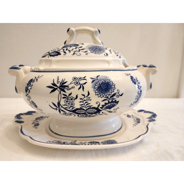 Farmhouse Vintage Blue and White Soup Tureen With Underplate- 2 Pieces For Sale - Image 3 of 12