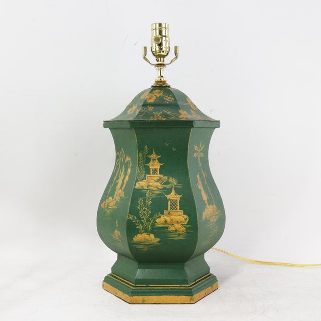 Vintage Green and Gold Hand Painted Tole Scalloped Hexagon Table Lamp Chinoiserie Temple Shape Pagoda Scene For Sale - Image 15 of 15