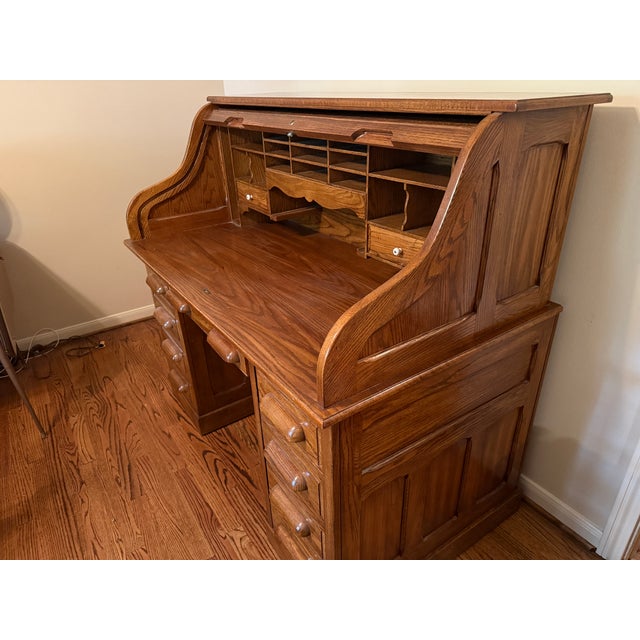 Brown Vintage (Circa 1982) Oak Roll-Top Secretary Desk in Rich, Warm Honey-Brown Finish. For Sale - Image 8 of 8