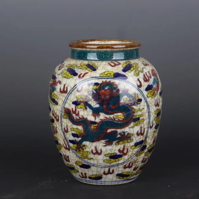 Art Deco Chinese Vintage Ceramic Pot,Qing Dynasty Kangxi Marked Famille Verte Porcelain Jar Hand Painted Cloud Dragon Pattern For Sale - Image 3 of 7