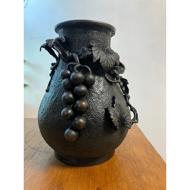 Onyx Antique Japanese Bronze Textured Black Metal Floral Vase Meiji Era For Sale - Image 8 of 12