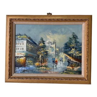 Vintage Parisian Street Scene Oil on Canvas Painting by Harison – Wood Framed For Sale