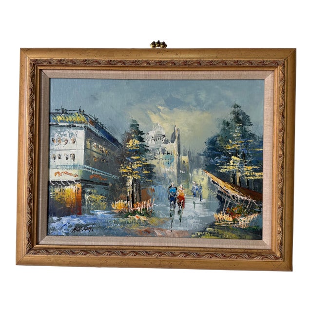 Vintage Parisian Street Scene Oil on Canvas Painting by Harison – Wood Framed For Sale