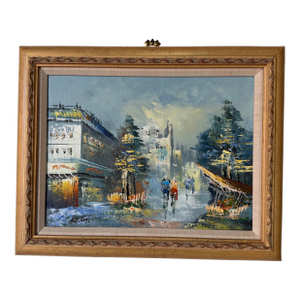 Vintage Parisian Street Scene Oil on Canvas Painting by Harison – Wood Framed