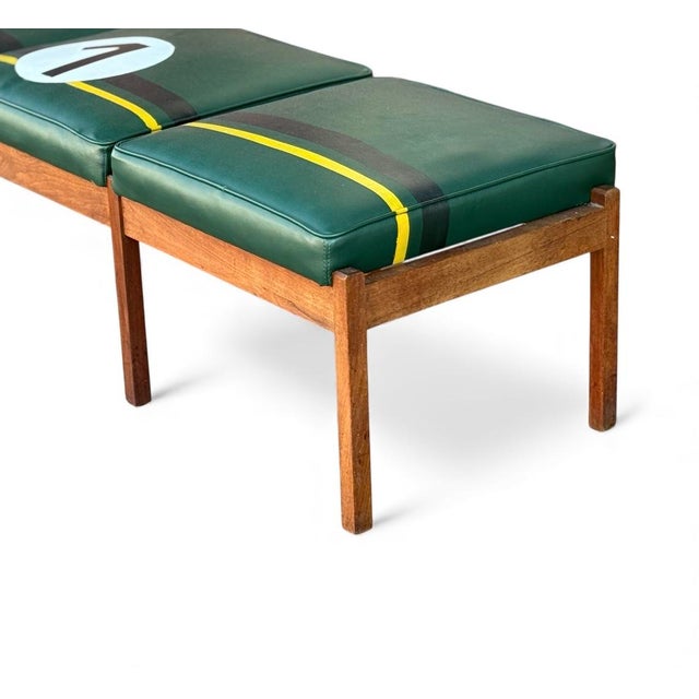 Green Vintage Mid-Century Modern Walnut and Green Leatherette Bench in British Racing Motif For Sale - Image 8 of 9