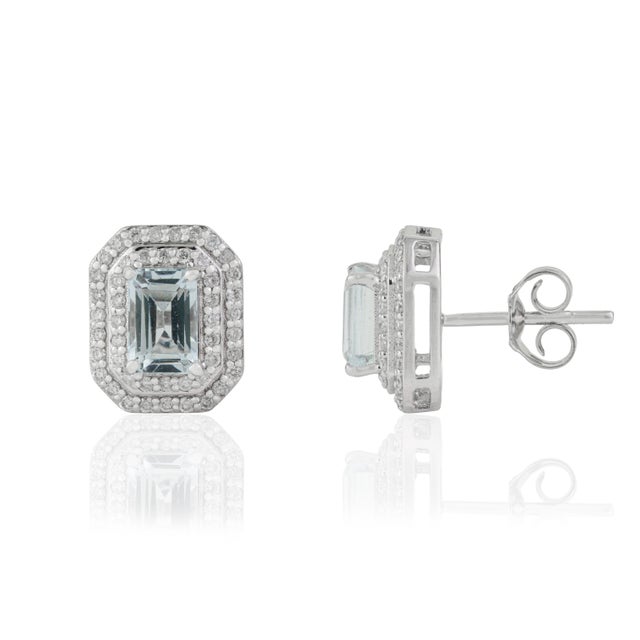 Metal 1.23ct Modern Aquamarine & Diamond Double Halo Stud Earrings 14k Gold- 2 Pieces For Sale - Image 7 of 16