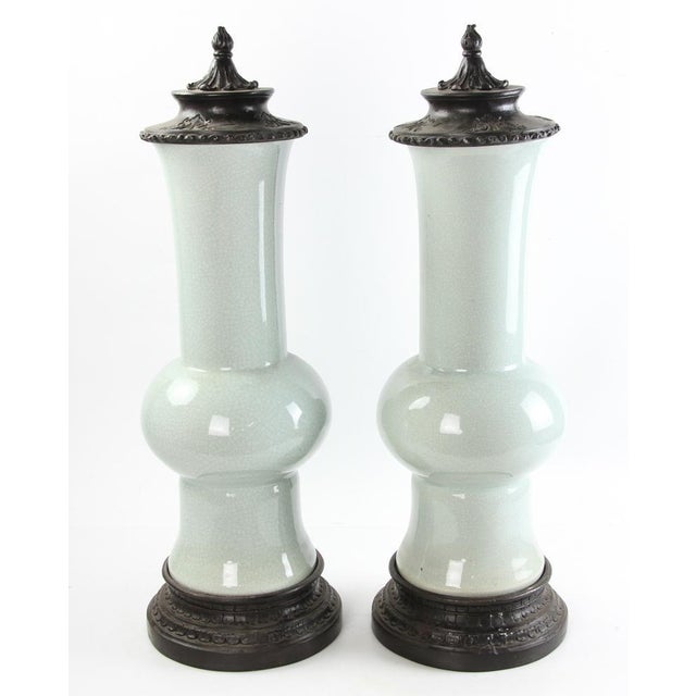 Metal Early 20th Century Chinese Celadon Gu Shaped Porcelain Vases with Metal Covers and Base - A Pair For Sale - Image 7 of 18