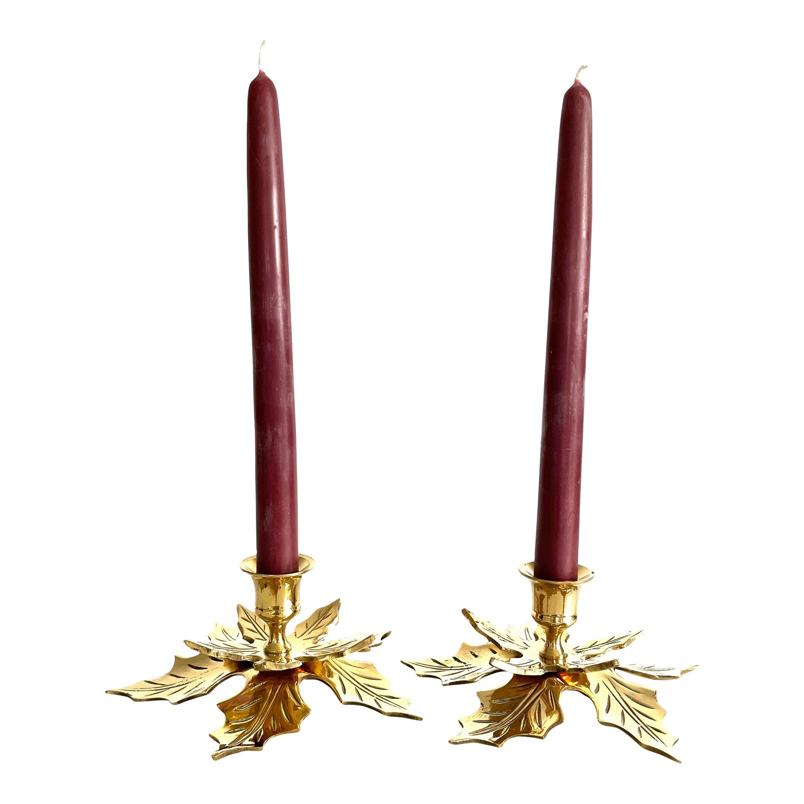1980s Brass Holly Candle Holders, Pair Chairish