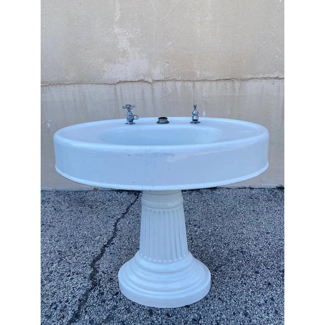 Antique Victorian White Cast Iron Porcelain Enamel Pedestal Bathroom Sink. Weighs approx 140 lbs in total. *Color looks...