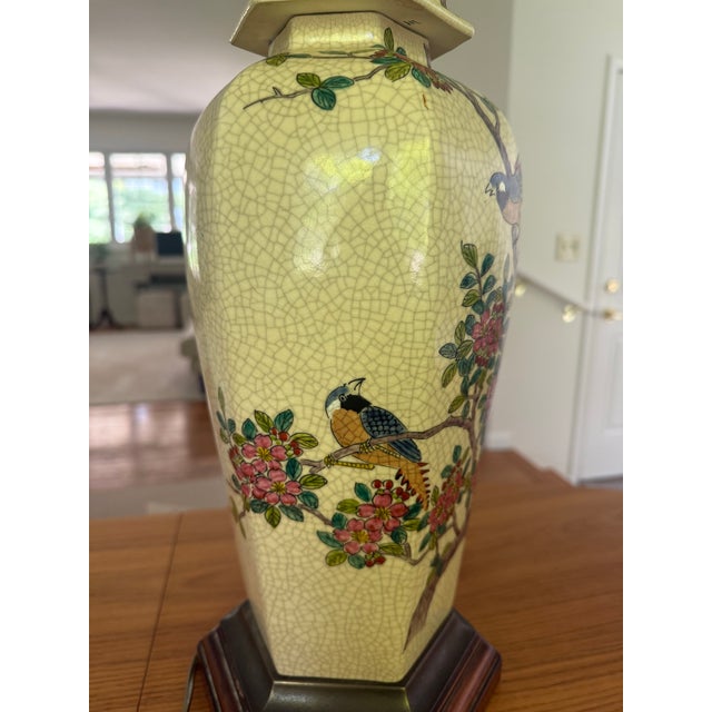 Mid 20th Century Mid 20th Century Paul Hanson Chinoiserie Crackle Glaze Ceramic Table Lamp | Birds & Blossoms | Vintage For Sale - Image 5 of 12