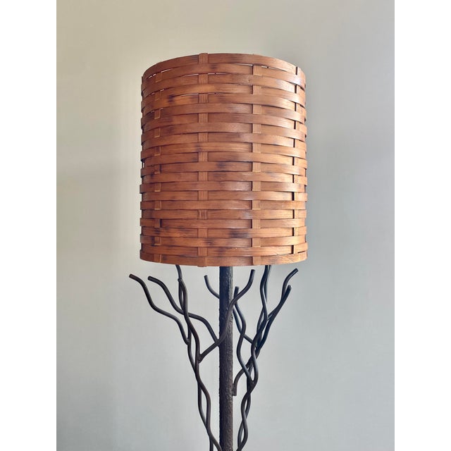 Brown Tree-Like Welded Iron Floor Lamp With Woven Wood Shade For Sale - Image 8 of 17