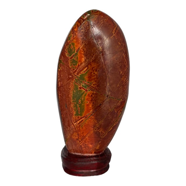 Large Mid-Century Chinese Red and Green Jasper Stone Mounted on Solid Wood For Sale