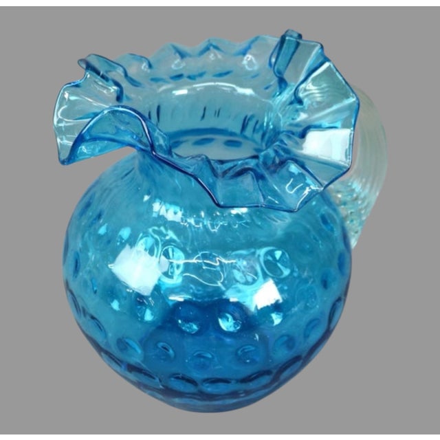 Antique Victorian Blue Coin Spot Ruffle Top Art Glass Water Pitcher W Applied Handle In very nice original condition...