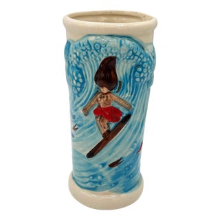 1980 Trader Dick's Casino Surfer Hula Girl Riding Wave Blue Ceramic Tiki Mug For Sale