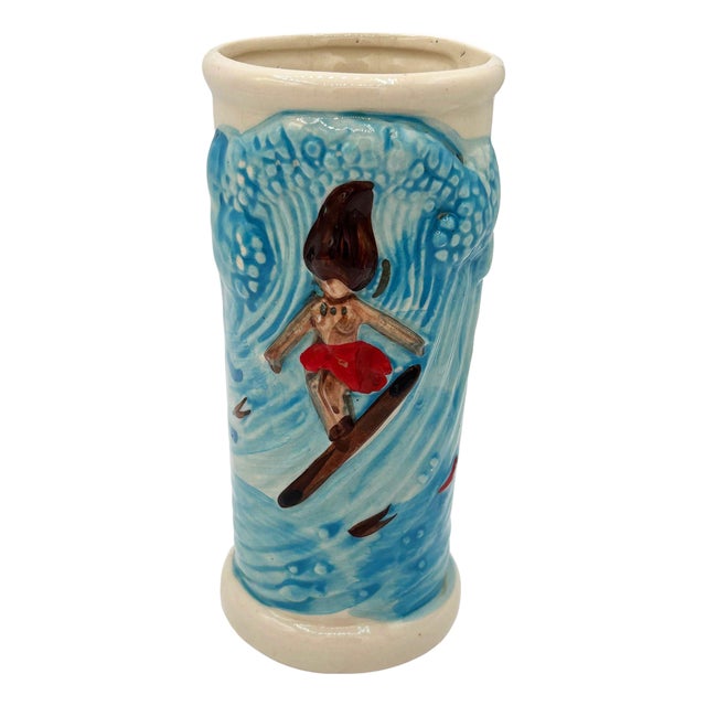 1980 Trader Dick's Casino Surfer Hula Girl Riding Wave Blue Ceramic Tiki Mug For Sale