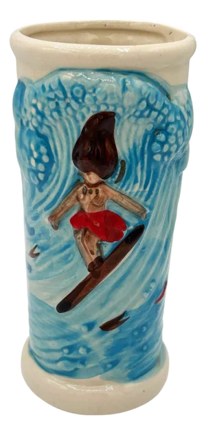 1980 Trader Dick's Casino Surfer Hula Girl Riding Wave Blue Ceramic Tiki Mug